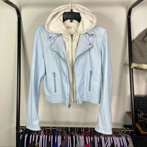 C’est Fini Pastel Powder Blue Leather Moto Jacket